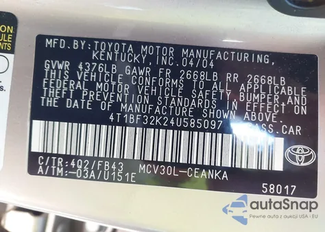 2004 Toyota Camry Le V6 z USA, uszkodzony, nr VIN 4T1BF32K24U585097